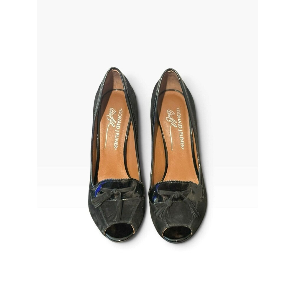 Donald J Pliner Women Penni Size 6.5 Black Suede Patent Leather Peep Toe 4" Heel